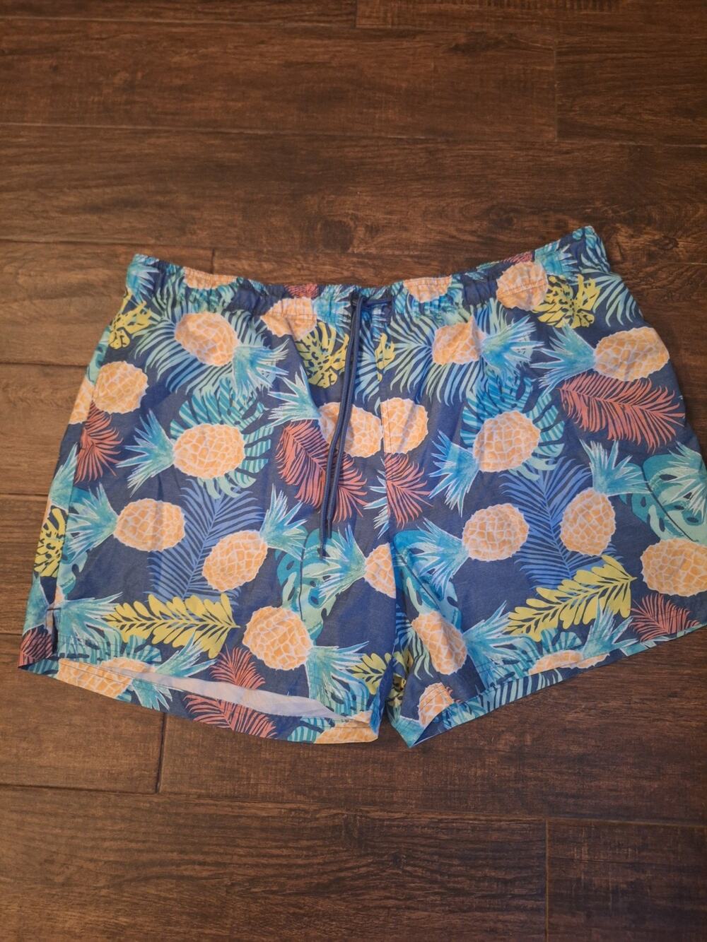 George Men’s Swim Trunks 3XL 48-50 Blue Tropical Floral Pineapple Elastic Waist